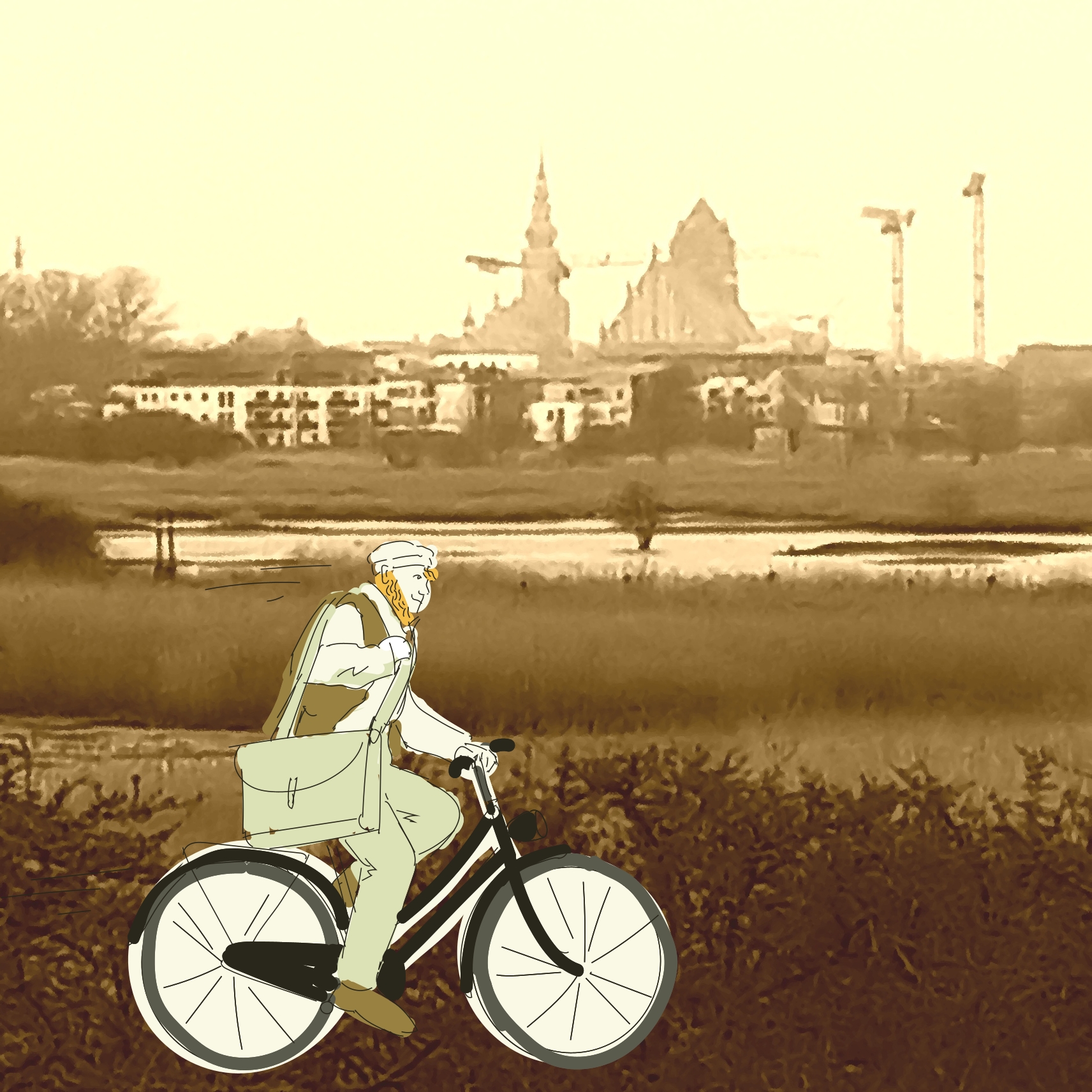 Stadtsilhouette von greifswald in Sepiatönen mit Zeichnung eines fiktiven Caspar David Friedrich auf einem Fahrrad